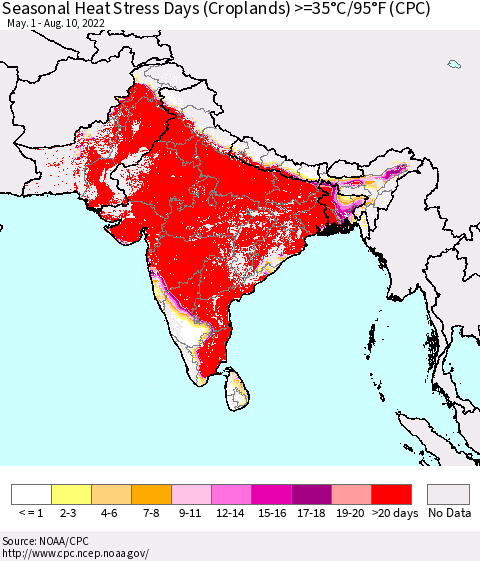Southern Asia Seasonal Heat Stress Days (Croplands) >=35°C/95°F (CPC) Thematic Map For 5/1/2022 - 8/10/2022