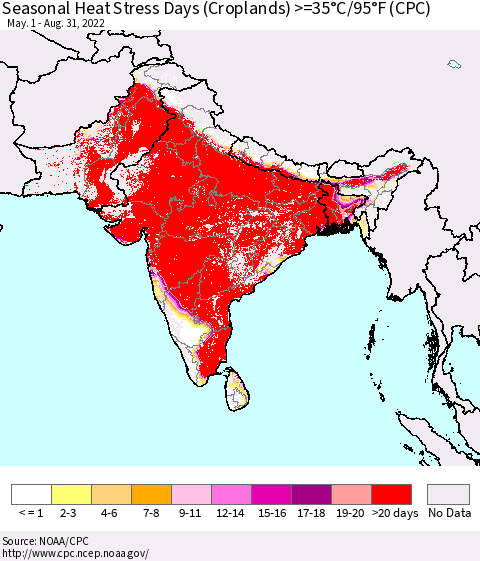 Southern Asia Seasonal Heat Stress Days (Croplands) >=35°C/95°F (CPC) Thematic Map For 5/1/2022 - 8/31/2022