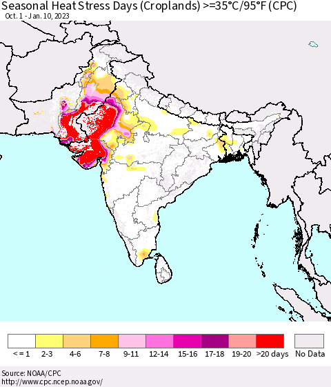 Southern Asia Seasonal Heat Stress Days (Croplands) >=35°C/95°F (CPC) Thematic Map For 10/1/2022 - 1/10/2023