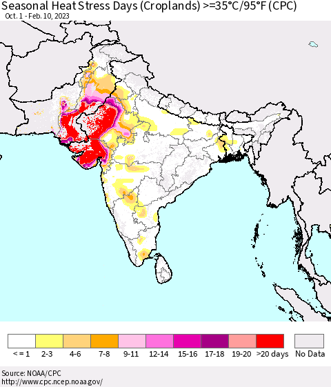 Southern Asia Seasonal Heat Stress Days (Croplands) >=35°C/95°F (CPC) Thematic Map For 10/1/2022 - 2/10/2023