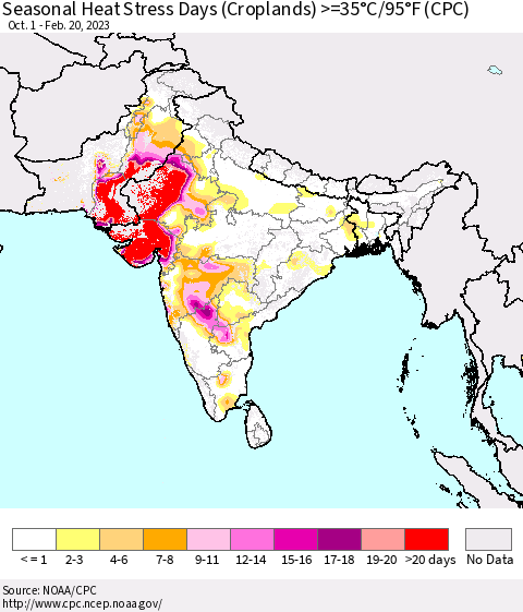 Southern Asia Seasonal Heat Stress Days (Croplands) >=35°C/95°F (CPC) Thematic Map For 10/1/2022 - 2/20/2023