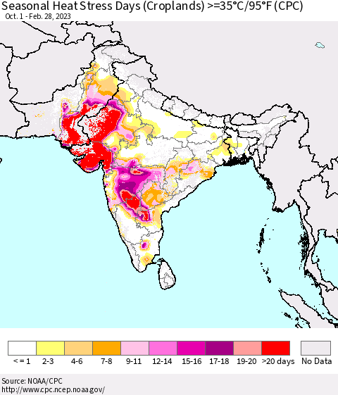 Southern Asia Seasonal Heat Stress Days (Croplands) >=35°C/95°F (CPC) Thematic Map For 10/1/2022 - 2/28/2023