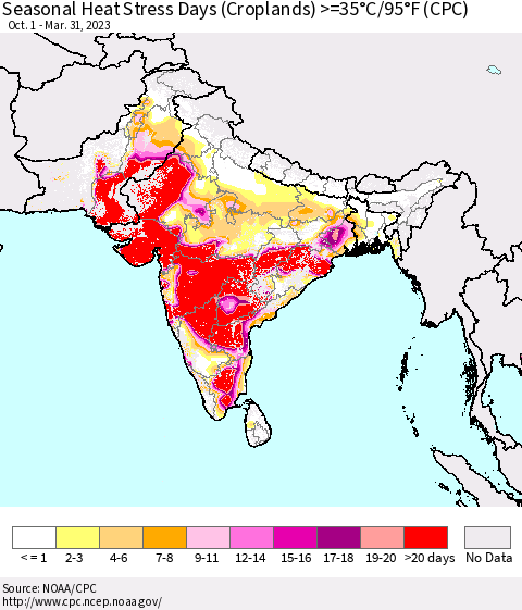 Southern Asia Seasonal Heat Stress Days (Croplands) >=35°C/95°F (CPC) Thematic Map For 10/1/2022 - 3/31/2023