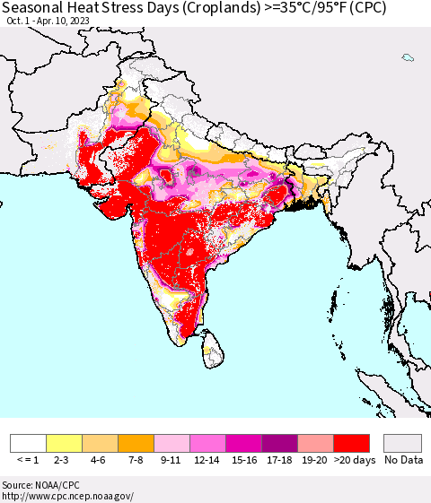 Southern Asia Seasonal Heat Stress Days (Croplands) >=35°C/95°F (CPC) Thematic Map For 10/1/2022 - 4/10/2023