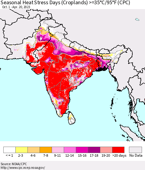 Southern Asia Seasonal Heat Stress Days (Croplands) >=35°C/95°F (CPC) Thematic Map For 10/1/2022 - 4/20/2023