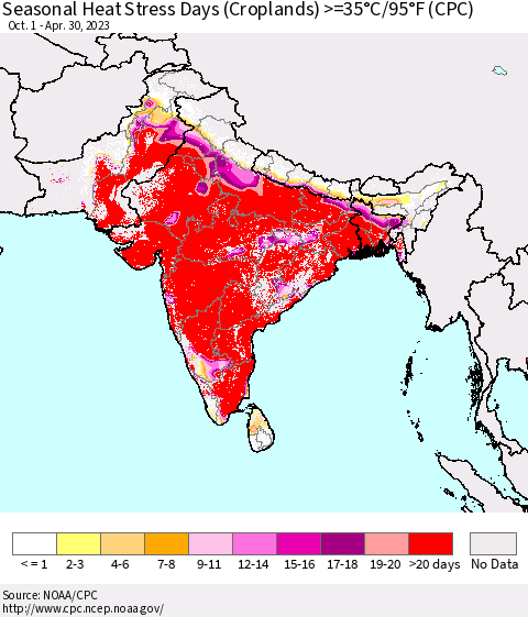 Southern Asia Seasonal Heat Stress Days (Croplands) >=35°C/95°F (CPC) Thematic Map For 10/1/2022 - 4/30/2023