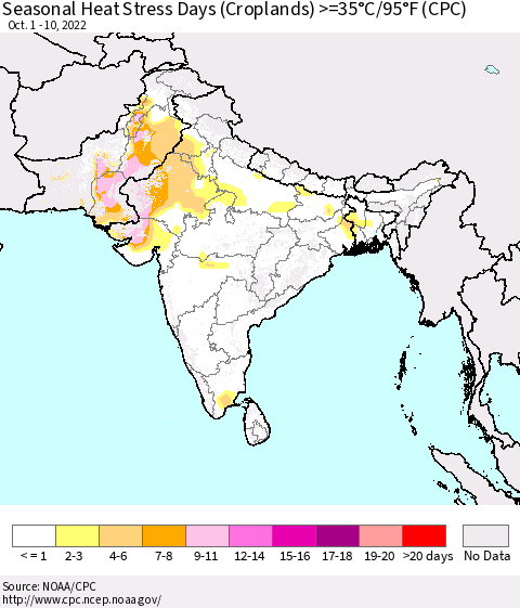 Southern Asia Seasonal Heat Stress Days (Croplands) >=35°C/95°F (CPC) Thematic Map For 10/1/2022 - 10/10/2022