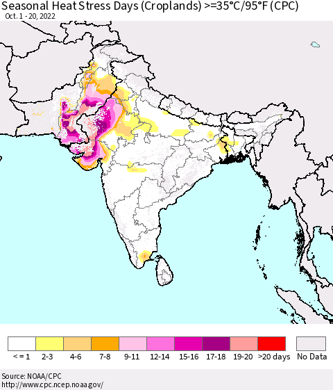 Southern Asia Seasonal Heat Stress Days (Croplands) >=35°C/95°F (CPC) Thematic Map For 10/1/2022 - 10/20/2022