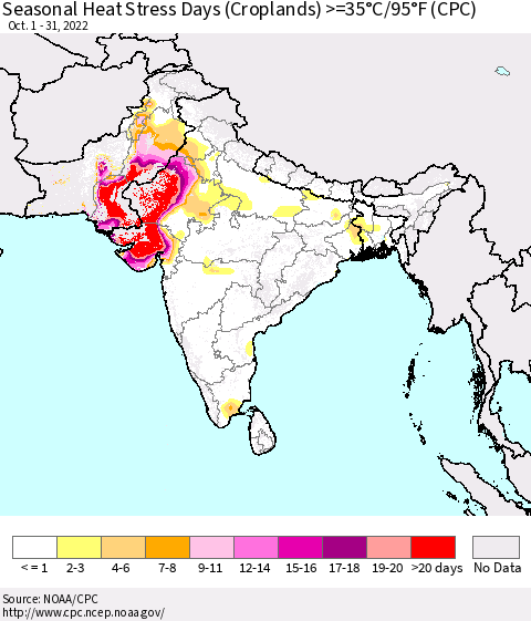 Southern Asia Seasonal Heat Stress Days (Croplands) >=35°C/95°F (CPC) Thematic Map For 10/1/2022 - 10/31/2022