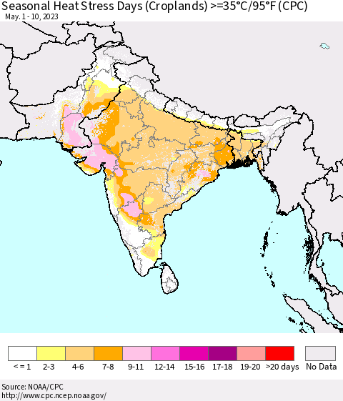 Southern Asia Seasonal Heat Stress Days (Croplands) >=35°C/95°F (CPC) Thematic Map For 5/1/2023 - 5/10/2023