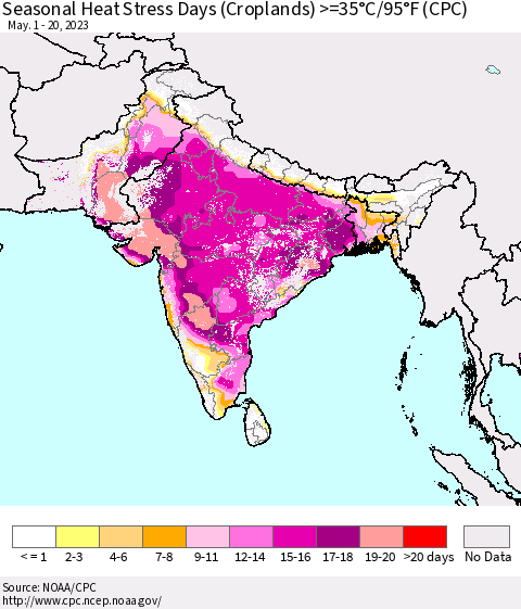 Southern Asia Seasonal Heat Stress Days (Croplands) >=35°C/95°F (CPC) Thematic Map For 5/1/2023 - 5/20/2023