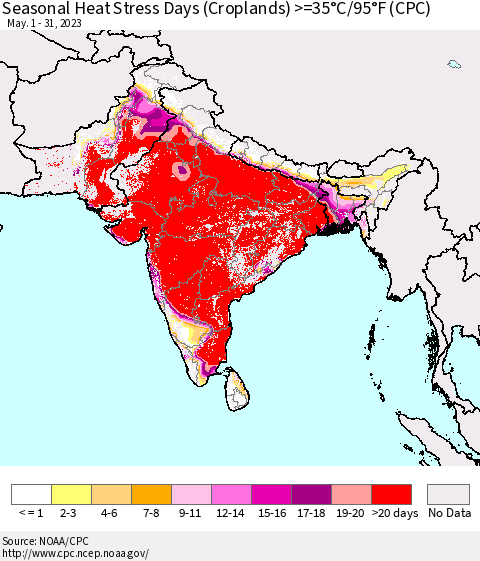 Southern Asia Seasonal Heat Stress Days (Croplands) >=35°C/95°F (CPC) Thematic Map For 5/1/2023 - 5/31/2023