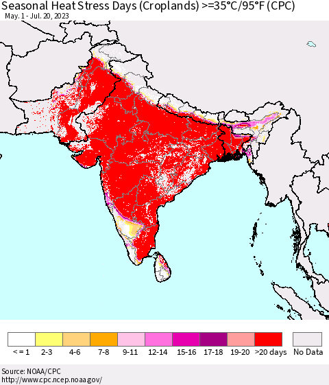 Southern Asia Seasonal Heat Stress Days (Croplands) >=35°C/95°F (CPC) Thematic Map For 5/1/2023 - 7/20/2023