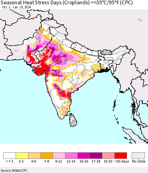 Southern Asia Seasonal Heat Stress Days (Croplands) >=35°C/95°F (CPC) Thematic Map For 10/1/2023 - 1/10/2024