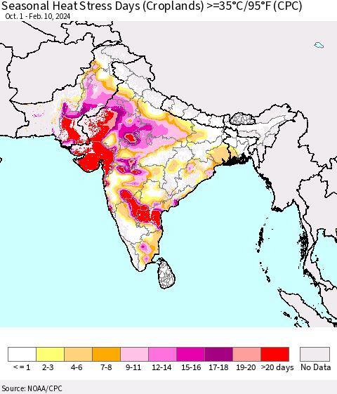 Southern Asia Seasonal Heat Stress Days (Croplands) >=35°C/95°F (CPC) Thematic Map For 10/1/2023 - 2/10/2024