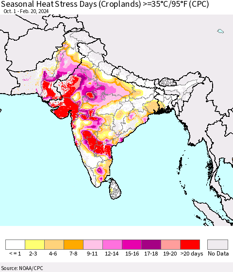 Southern Asia Seasonal Heat Stress Days (Croplands) >=35°C/95°F (CPC) Thematic Map For 10/1/2023 - 2/20/2024
