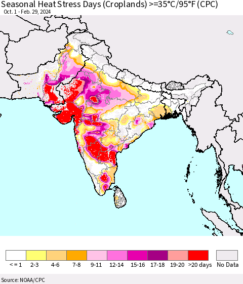 Southern Asia Seasonal Heat Stress Days (Croplands) >=35°C/95°F (CPC) Thematic Map For 10/1/2023 - 2/29/2024