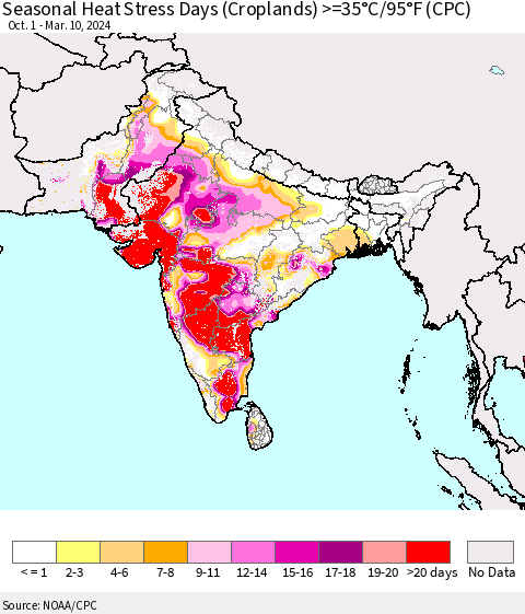 Southern Asia Seasonal Heat Stress Days (Croplands) >=35°C/95°F (CPC) Thematic Map For 10/1/2023 - 3/10/2024