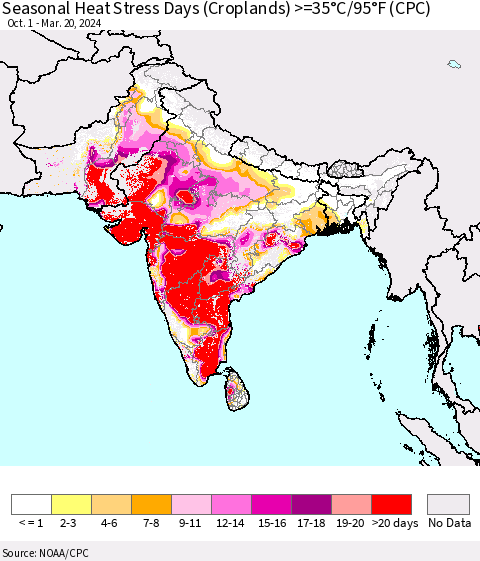 Southern Asia Seasonal Heat Stress Days (Croplands) >=35°C/95°F (CPC) Thematic Map For 10/1/2023 - 3/20/2024