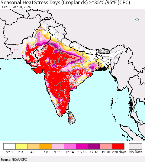 Southern Asia Seasonal Heat Stress Days (Croplands) >=35°C/95°F (CPC) Thematic Map For 10/1/2023 - 3/31/2024