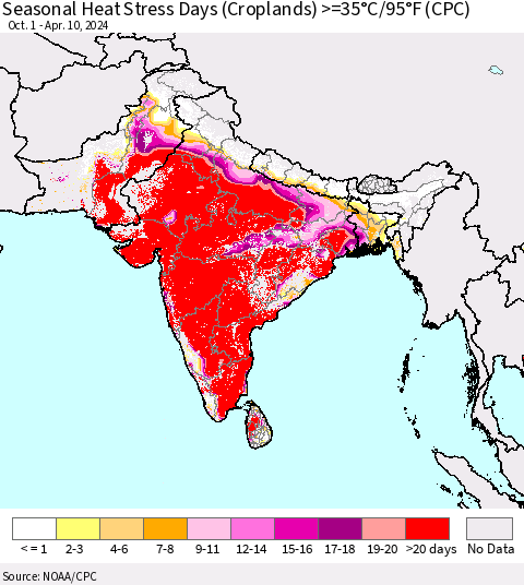 Southern Asia Seasonal Heat Stress Days (Croplands) >=35°C/95°F (CPC) Thematic Map For 10/1/2023 - 4/10/2024