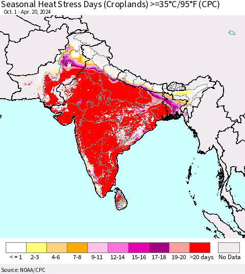 Southern Asia Seasonal Heat Stress Days (Croplands) >=35°C/95°F (CPC) Thematic Map For 10/1/2023 - 4/20/2024