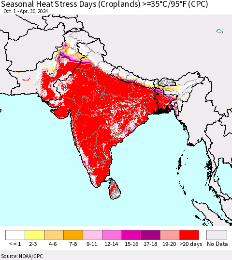 Southern Asia Seasonal Heat Stress Days (Croplands) >=35°C/95°F (CPC) Thematic Map For 10/1/2023 - 4/30/2024