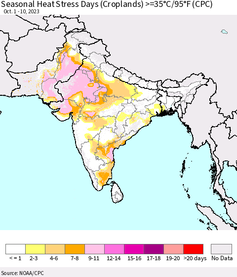 Southern Asia Seasonal Heat Stress Days (Croplands) >=35°C/95°F (CPC) Thematic Map For 10/1/2023 - 10/10/2023