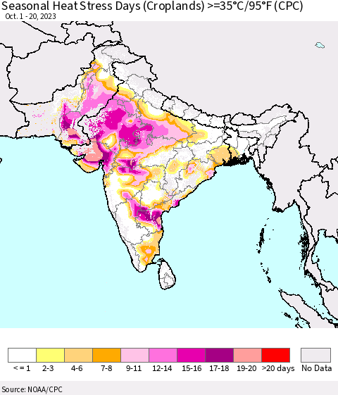 Southern Asia Seasonal Heat Stress Days (Croplands) >=35°C/95°F (CPC) Thematic Map For 10/1/2023 - 10/20/2023