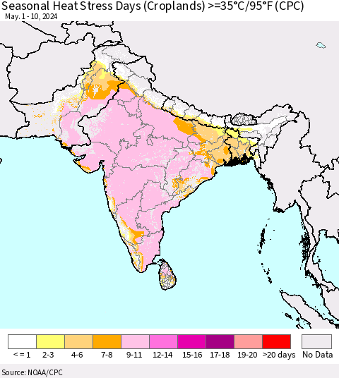 Southern Asia Seasonal Heat Stress Days (Croplands) >=35°C/95°F (CPC) Thematic Map For 5/1/2024 - 5/10/2024
