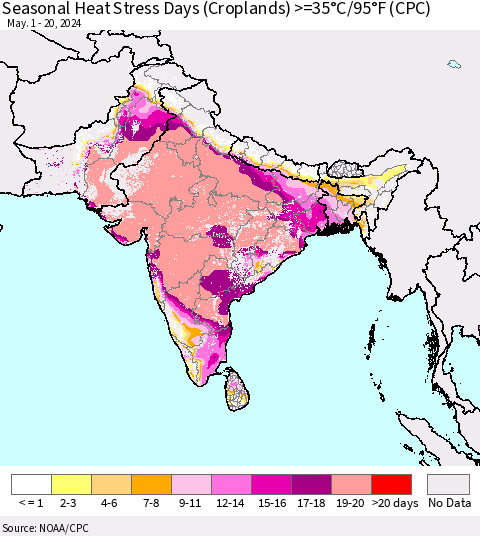 Southern Asia Seasonal Heat Stress Days (Croplands) >=35°C/95°F (CPC) Thematic Map For 5/1/2024 - 5/20/2024