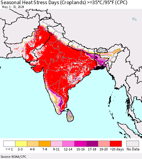 Southern Asia Seasonal Heat Stress Days (Croplands) >=35°C/95°F (CPC) Thematic Map For 5/1/2024 - 5/31/2024