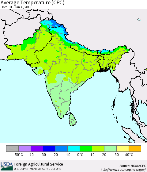 Southern Asia Average Temperature (CPC) Thematic Map For 12/31/2018 - 1/6/2019