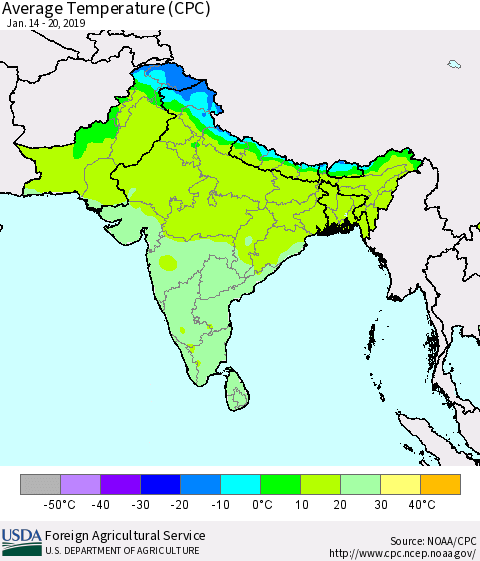 Southern Asia Average Temperature (CPC) Thematic Map For 1/14/2019 - 1/20/2019