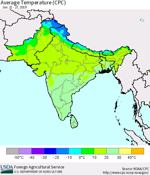 Southern Asia Average Temperature (CPC) Thematic Map For 1/21/2019 - 1/27/2019