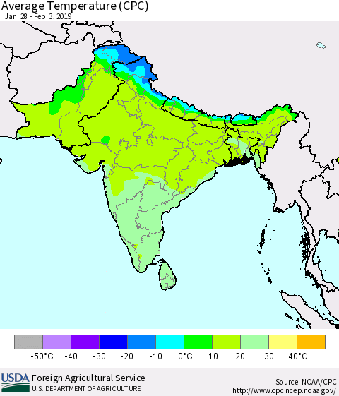 Southern Asia Average Temperature (CPC) Thematic Map For 1/28/2019 - 2/3/2019