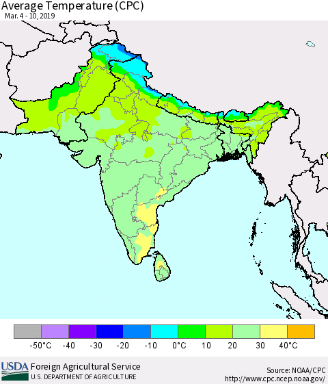 Southern Asia Average Temperature (CPC) Thematic Map For 3/4/2019 - 3/10/2019