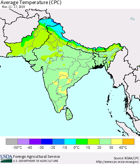 Southern Asia Average Temperature (CPC) Thematic Map For 3/11/2019 - 3/17/2019