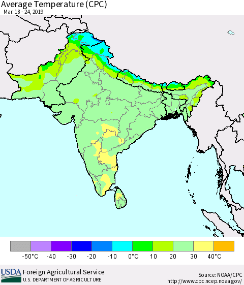 Southern Asia Average Temperature (CPC) Thematic Map For 3/18/2019 - 3/24/2019