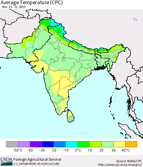 Southern Asia Average Temperature (CPC) Thematic Map For 3/25/2019 - 3/31/2019