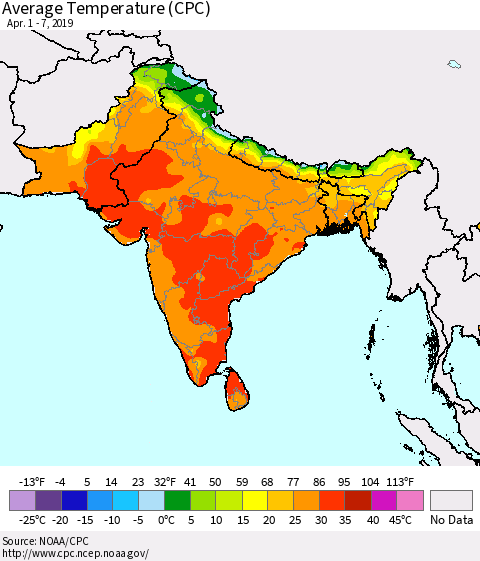 Southern Asia Average Temperature (CPC) Thematic Map For 4/1/2019 - 4/7/2019