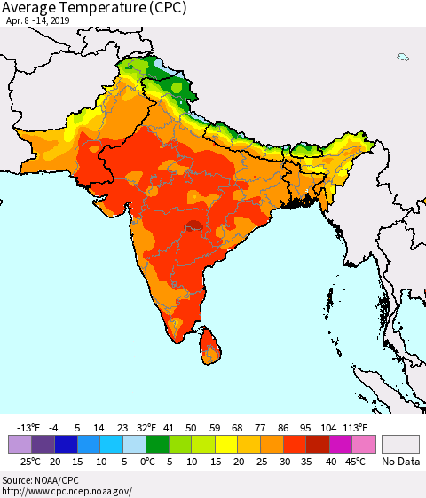 Southern Asia Average Temperature (CPC) Thematic Map For 4/8/2019 - 4/14/2019