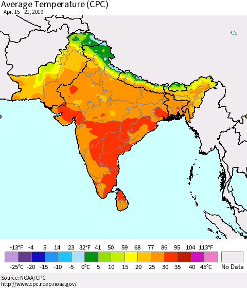 Southern Asia Average Temperature (CPC) Thematic Map For 4/15/2019 - 4/21/2019
