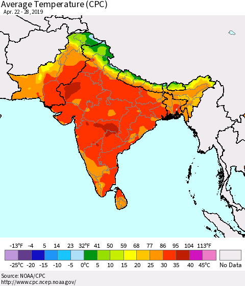 Southern Asia Average Temperature (CPC) Thematic Map For 4/22/2019 - 4/28/2019