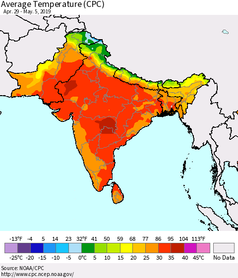 Southern Asia Average Temperature (CPC) Thematic Map For 4/29/2019 - 5/5/2019