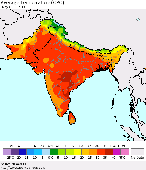 Southern Asia Average Temperature (CPC) Thematic Map For 5/6/2019 - 5/12/2019