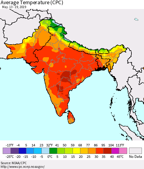 Southern Asia Average Temperature (CPC) Thematic Map For 5/13/2019 - 5/19/2019