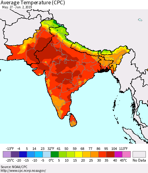 Southern Asia Average Temperature (CPC) Thematic Map For 5/27/2019 - 6/2/2019