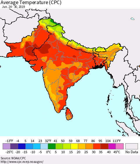 Southern Asia Average Temperature (CPC) Thematic Map For 6/24/2019 - 6/30/2019
