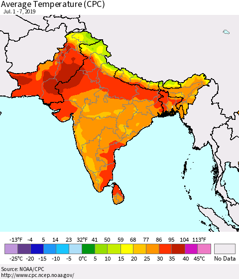 Southern Asia Average Temperature (CPC) Thematic Map For 7/1/2019 - 7/7/2019